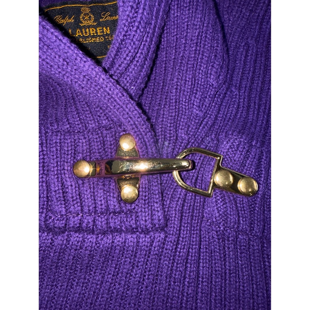Ralph Lauren Sweater Women's Medium Purple Shawl Gold Collar Clasp Ribbed EUC - Picture 5 of 7